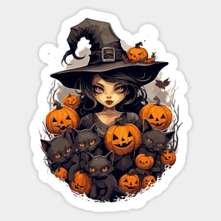 Cute Halloween Witch with Black Cats and Pumpkins Sticker